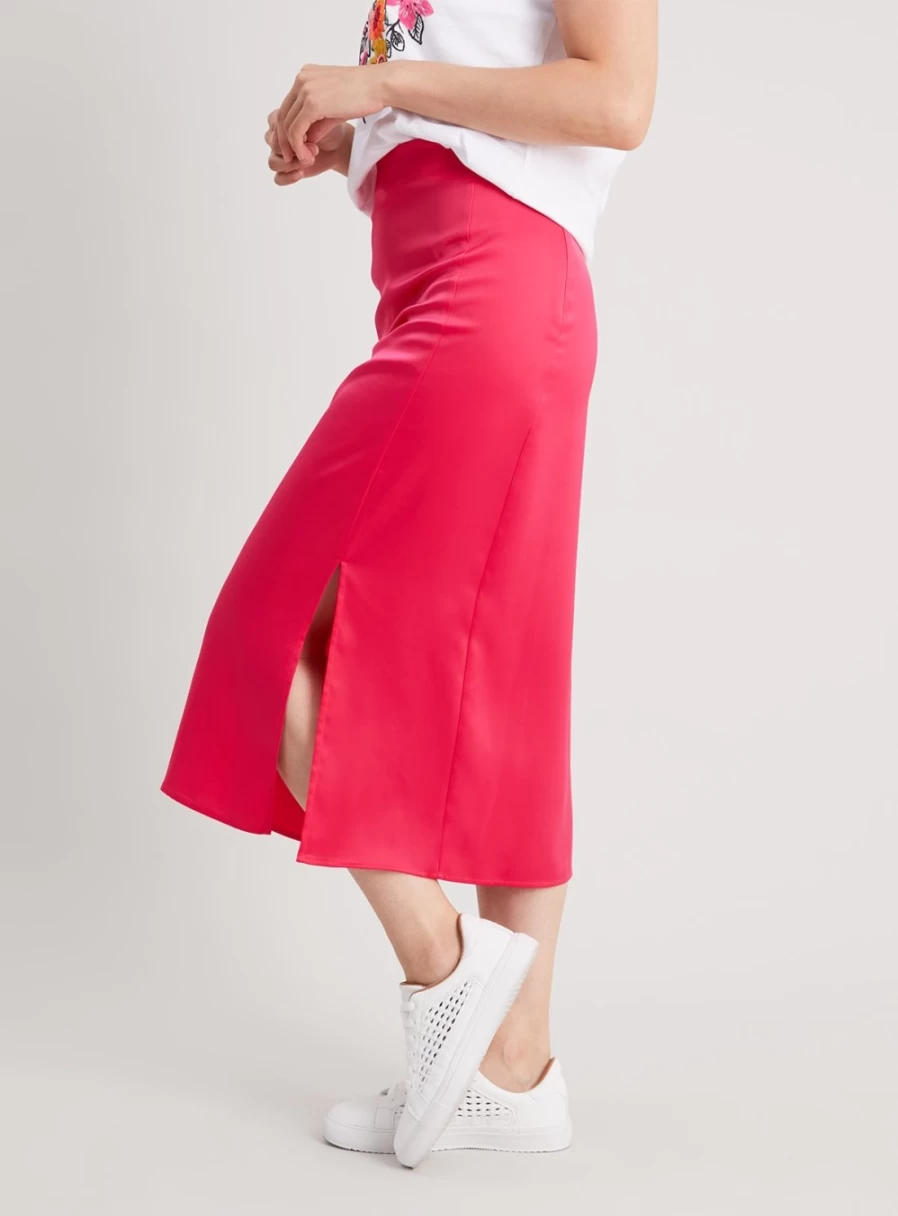 Tu Women's Pink Satin Midi Skirt - Elegant High Waist A-Line Knee Length Skirt for Women