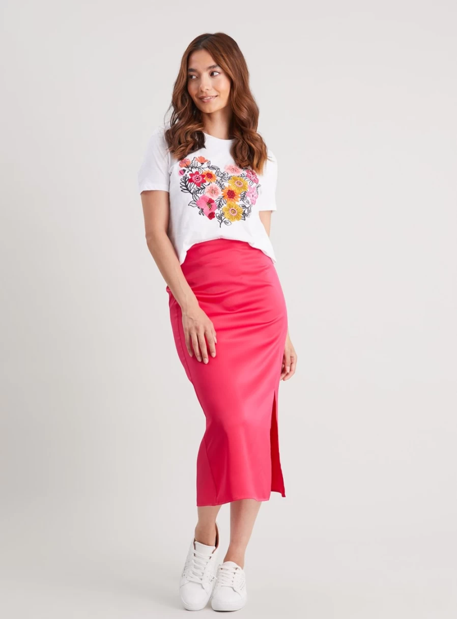 Tu Women's Pink Satin Midi Skirt - Elegant High Waist A-Line Knee Length Skirt for Women
