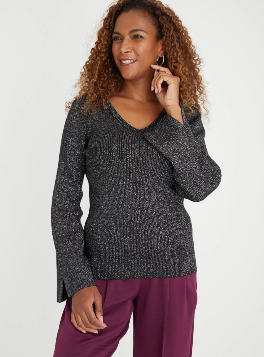 Tu Women's Black Sparkle V-Neck Jumper - Elegant Sequined Knit Sweater Size 12