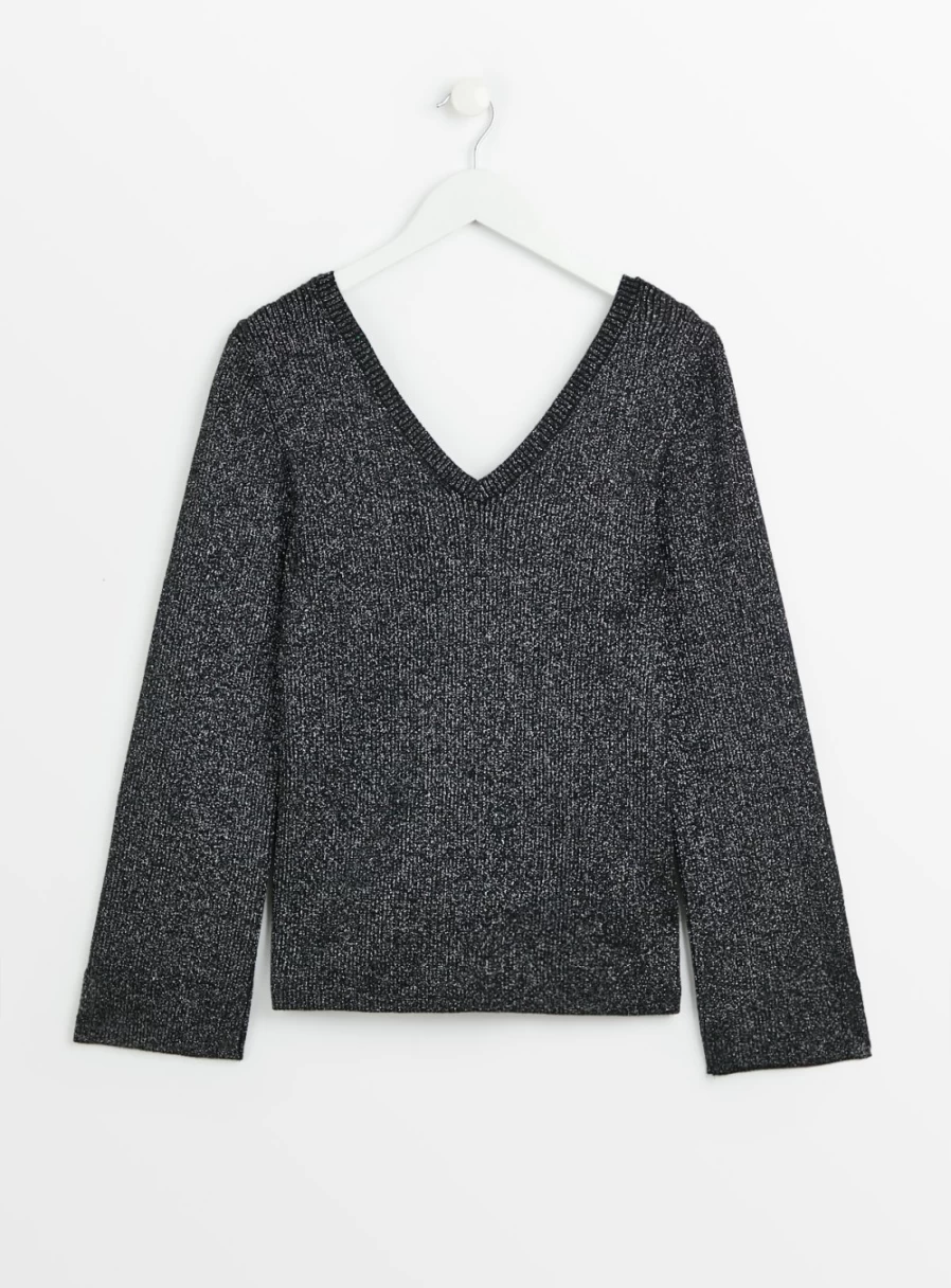 Tu Women's Black Sparkle V-Neck Jumper - Elegant Sequined Knit Sweater Size 12