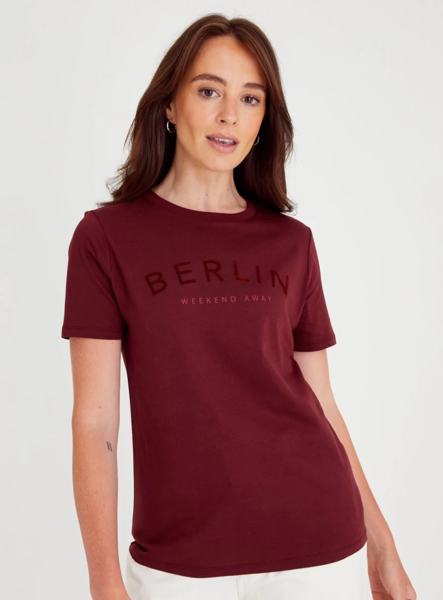 "Tu Women's Burgundy Berlin Slogan Regular Fit T-Shirt | Casual Cotton Tee"