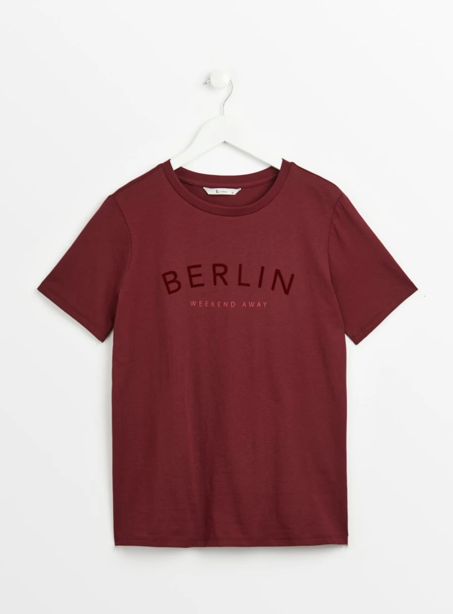"Tu Women's Burgundy Berlin Slogan Regular Fit T-Shirt | Casual Cotton Tee"