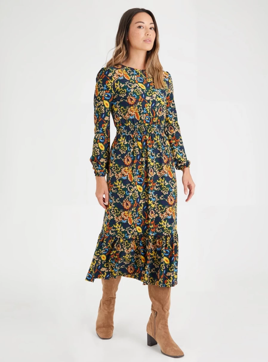 Tu Women's Green Floral Print Shirred Waist Stretch Jersey Midi Dress - Size 22