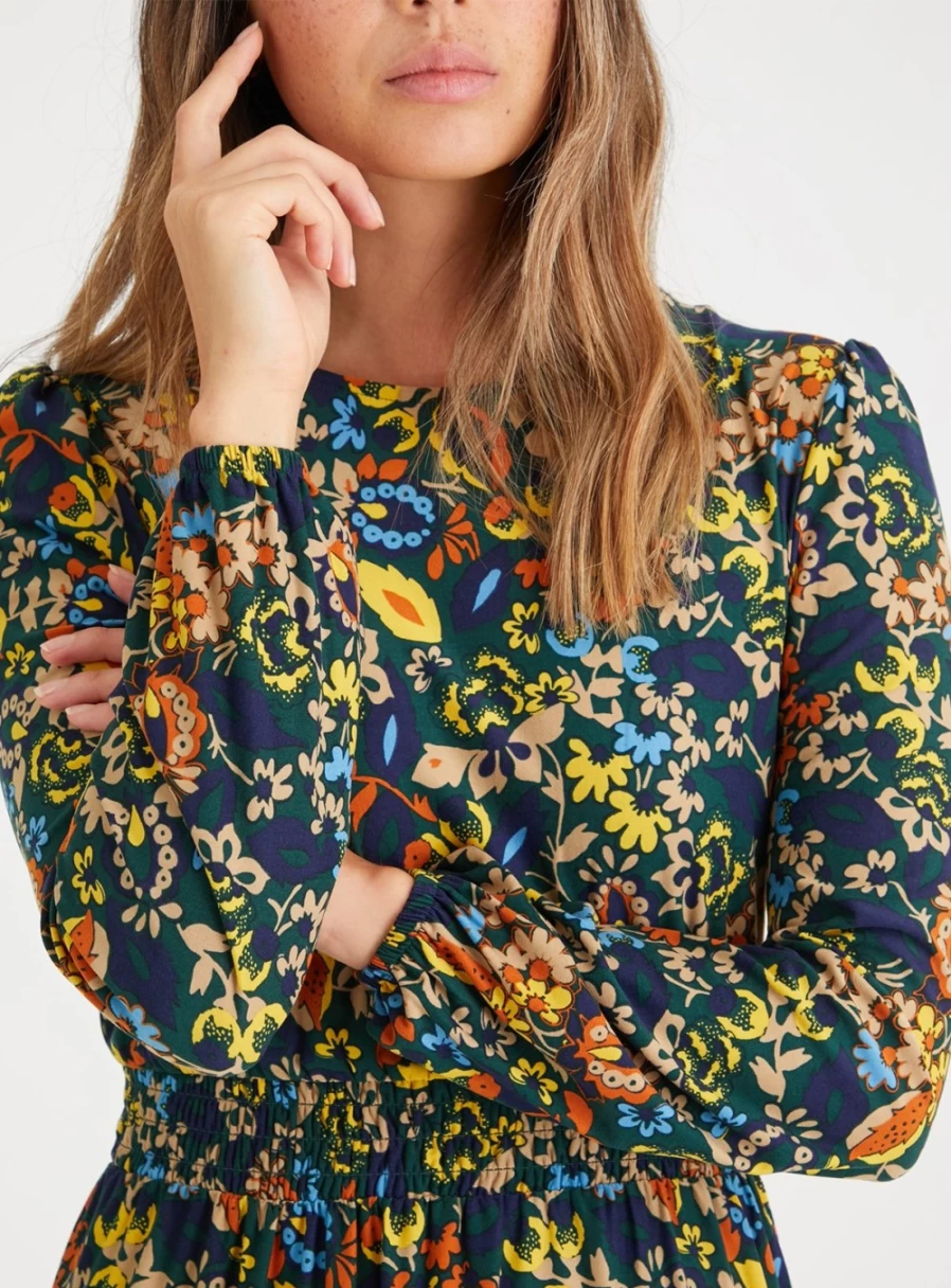 Tu Women's Green Floral Print Shirred Waist Stretch Jersey Midi Dress - Size 22