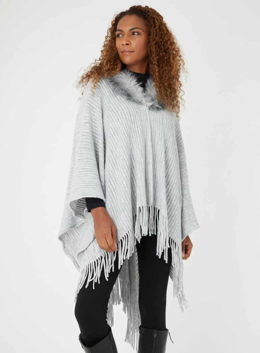Tu Women's Grey Faux Fur Collar Cape - One Size Winter Wrap Coat Elegant Outerwear