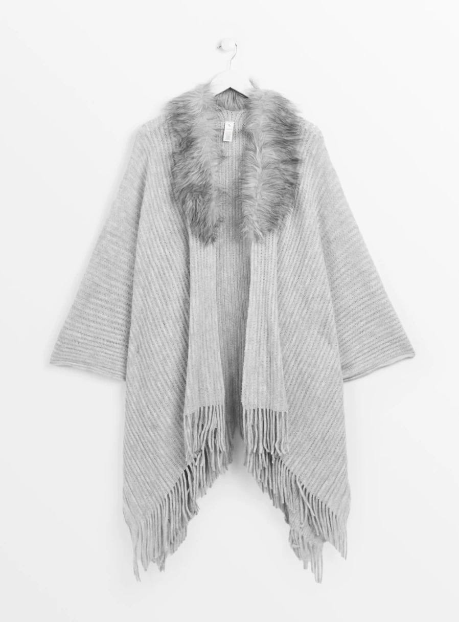 Tu Women's Grey Faux Fur Collar Cape - One Size Winter Wrap Coat Elegant Outerwear