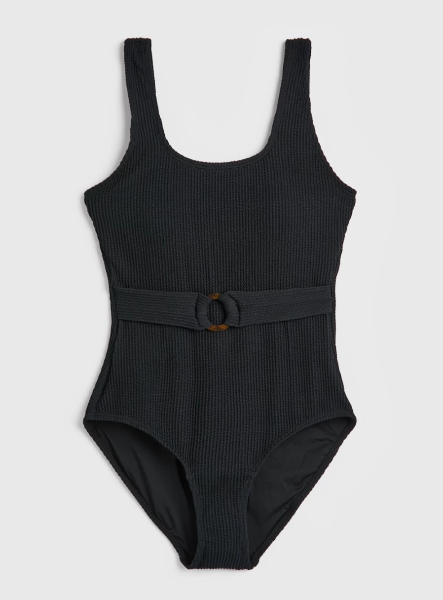 Women's Black Ribbed Belted Swimsuit - Slimming One-Piece Bathing Suit by TU