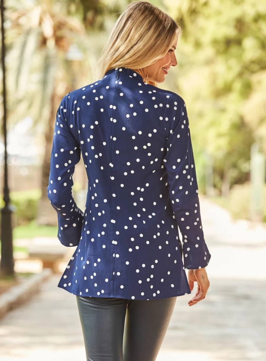 Sosandar Women's Navy & White Polka Dot Keyhole Blouse - Stylish Casual Top