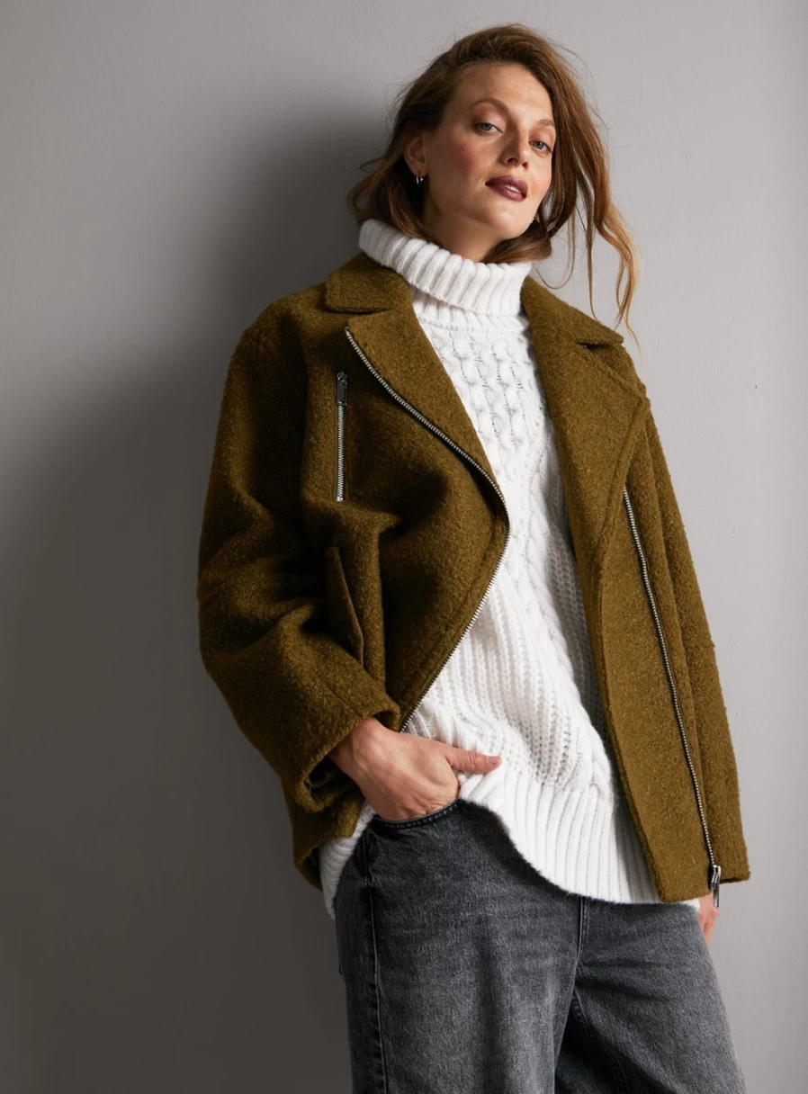 Women's Khaki Boucle Biker Jacket by Tu - Stylish Motorcycle Outerwear