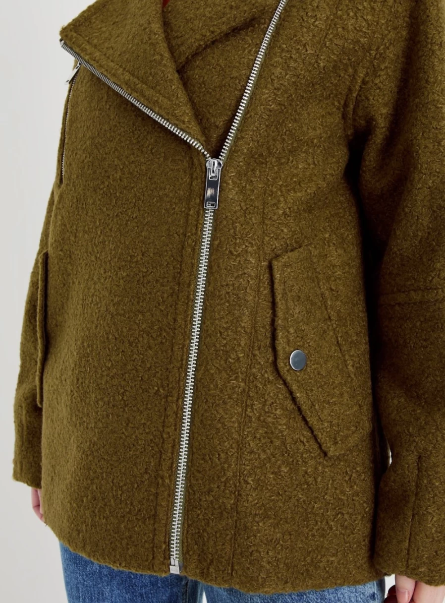 Women's Khaki Boucle Biker Jacket by Tu - Stylish Motorcycle Outerwear