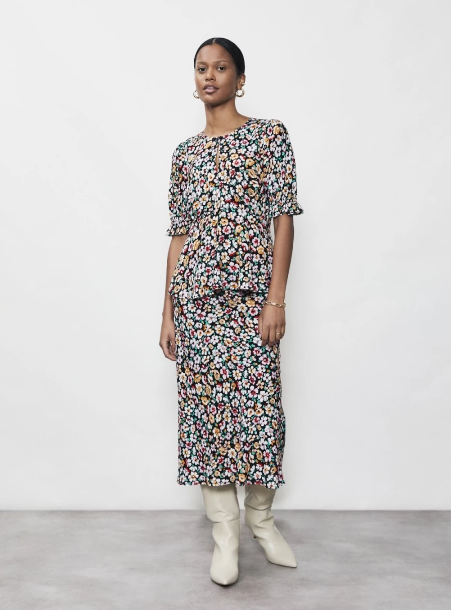 Finery Women's Evelyn Black Floral Daisy Midi Skirt - Size 8 | Stylish Casual Dress Skirt