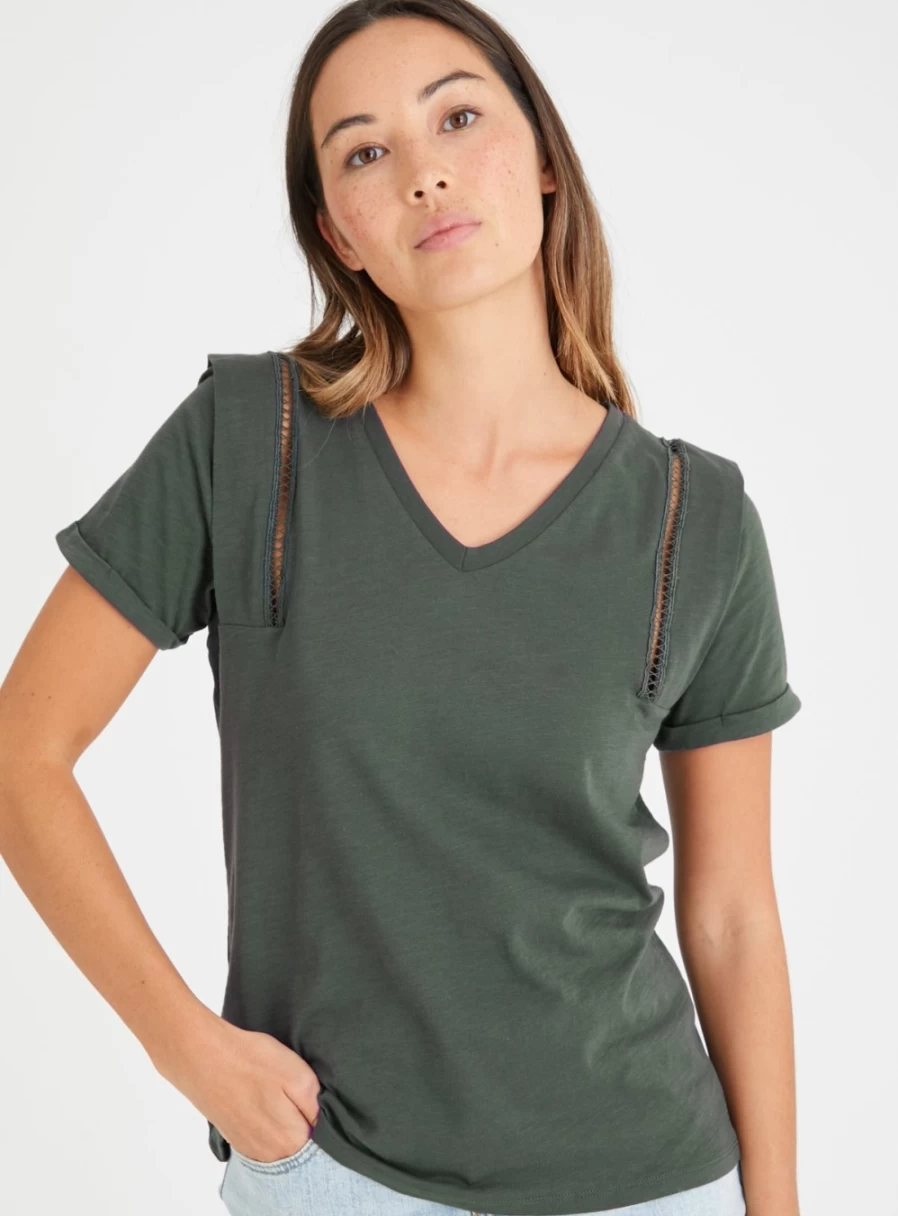 "Tu Women's Green V-Neck Openwork T-Shirt - Stylish Lace Detail Casual Top"