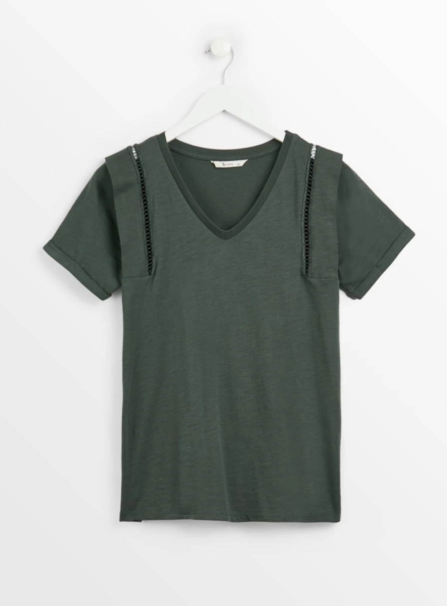 "Tu Women's Green V-Neck Openwork T-Shirt - Stylish Lace Detail Casual Top"