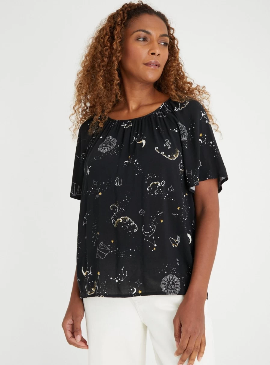 "Tu Women's Black Star Constellations Top - 12 Zodiac Signs Design"