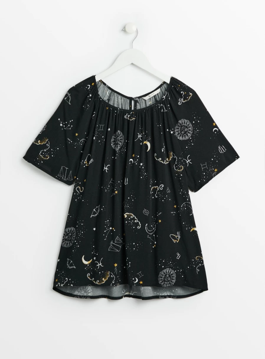 "Tu Women's Black Star Constellations Top - 12 Zodiac Signs Design"