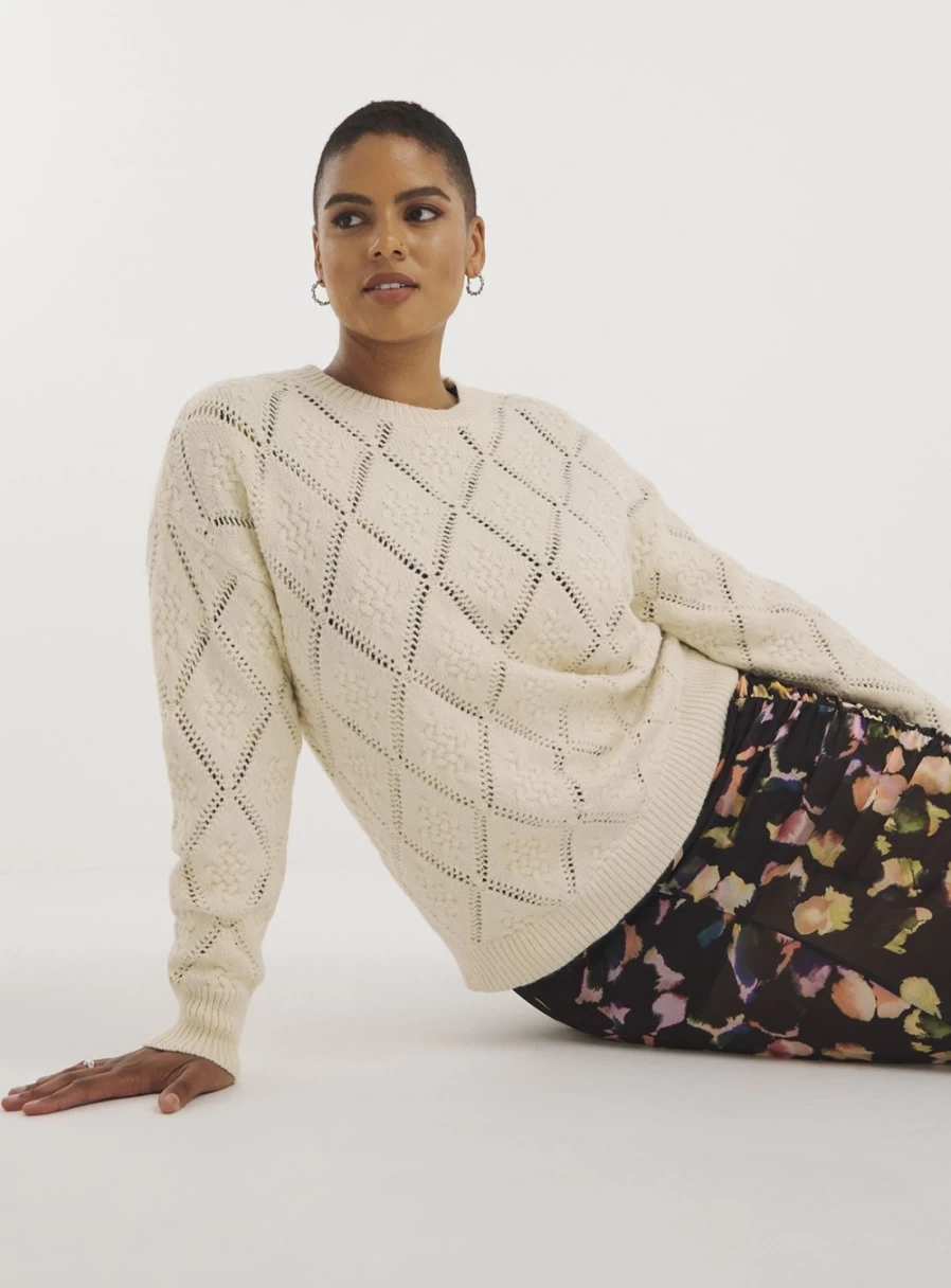 Simply Be Women's Embroidered Cream Knit Jumper - Size 24-26, Elegant Crewneck Sweater