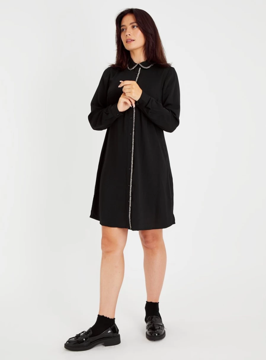 "Tu Women's Black Beaded Trim Shirt Dress - Stylish Elegant 10"