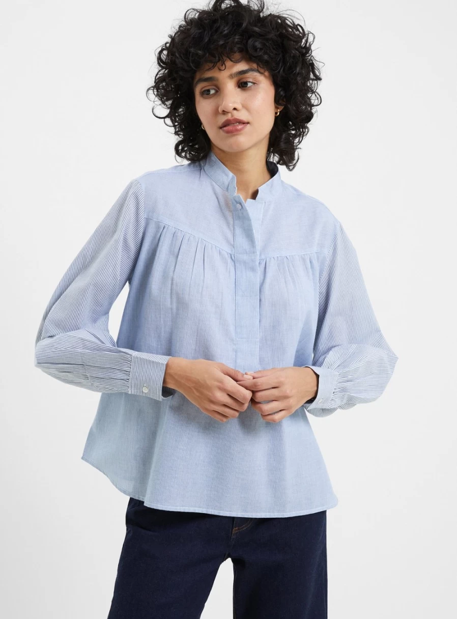 French Connection Women's Rhodes Stripe Poplin Shirt - Classic Linen-Blend Top for Women