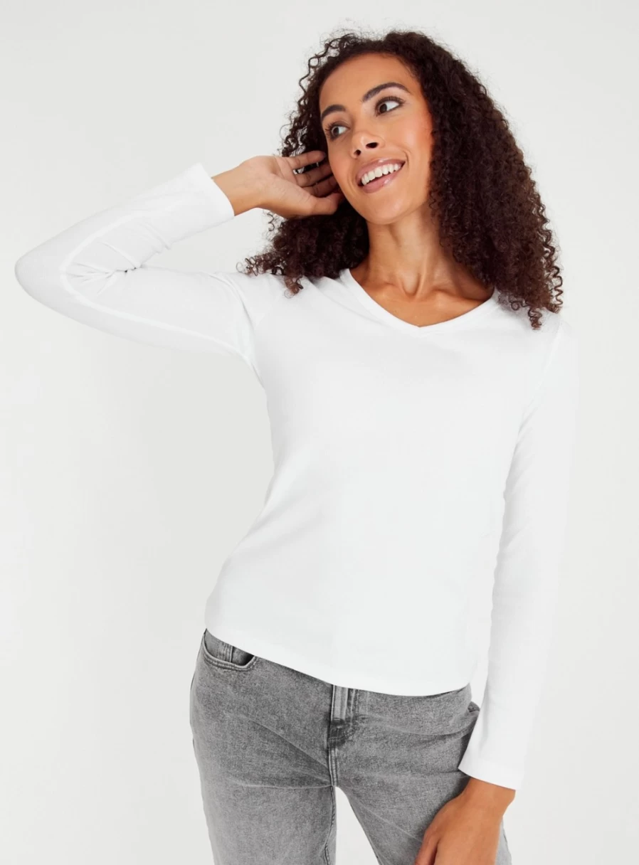 Tu Women's White V-Neck Long Sleeve Casual Top - Soft Stretch Comfort Fit T-Shirt
