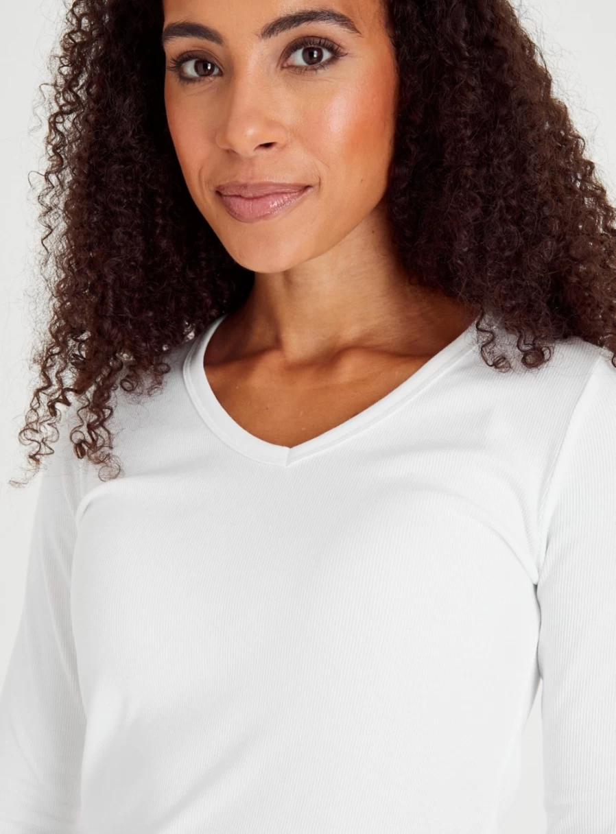 Tu Women's White V-Neck Long Sleeve Casual Top - Soft Stretch Comfort Fit T-Shirt