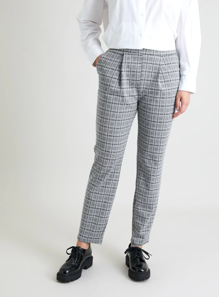 Tu Women's Grey Check Ponte Tapered Pull On Trousers Size 10L Comfort Stretch Work Pants