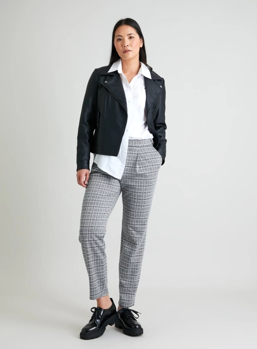 Tu Women's Grey Check Ponte Tapered Pull On Trousers Size 10L Comfort Stretch Work Pants