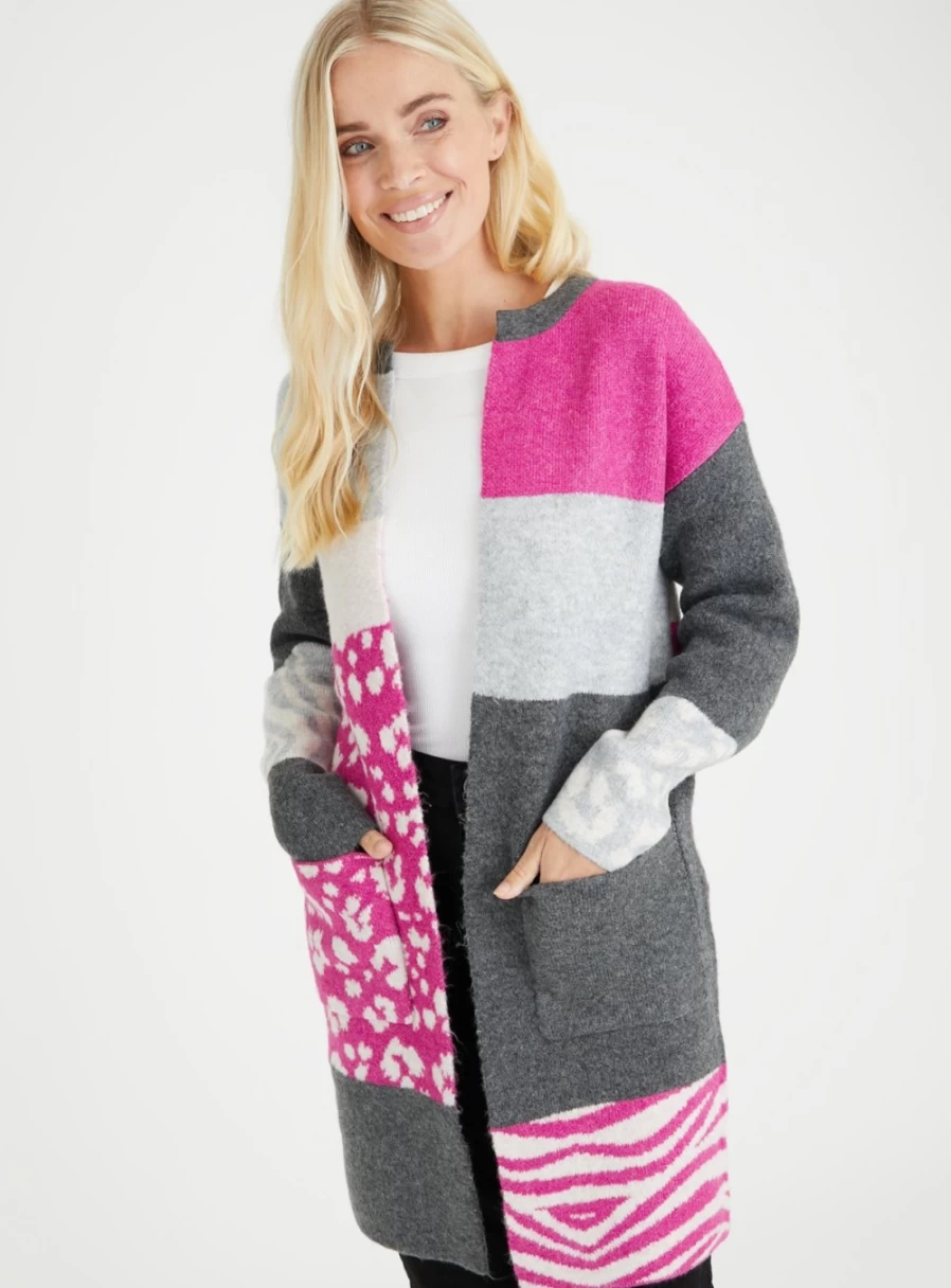 Tu Women's Grey & Pink Jacquard Patchwork Coatigan with Animal Design - Stylish Long Cardigan for Women
