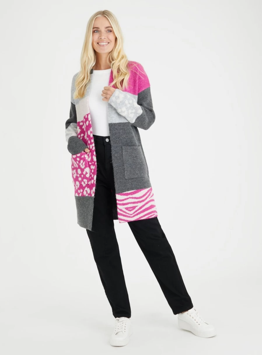Tu Women's Grey & Pink Jacquard Patchwork Coatigan with Animal Design - Stylish Long Cardigan for Women