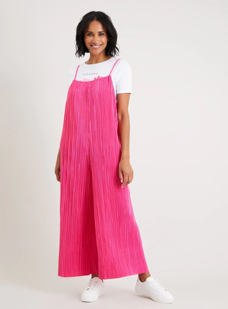 Tu Women's Bright Pink Plisse Wide Leg Jumpsuit - Size 8 | Comfortable & Stylish Romper
