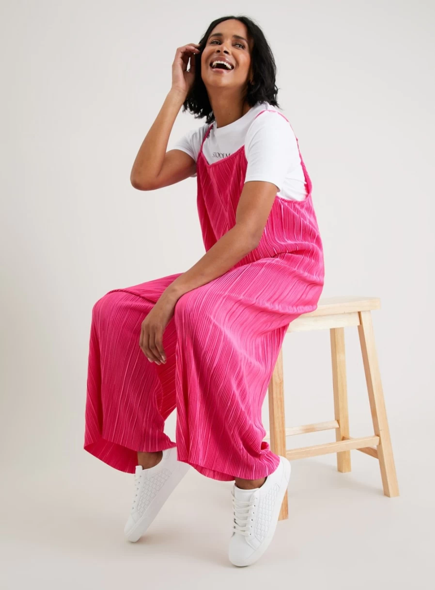 Tu Women's Bright Pink Plisse Wide Leg Jumpsuit - Size 8 | Comfortable & Stylish Romper
