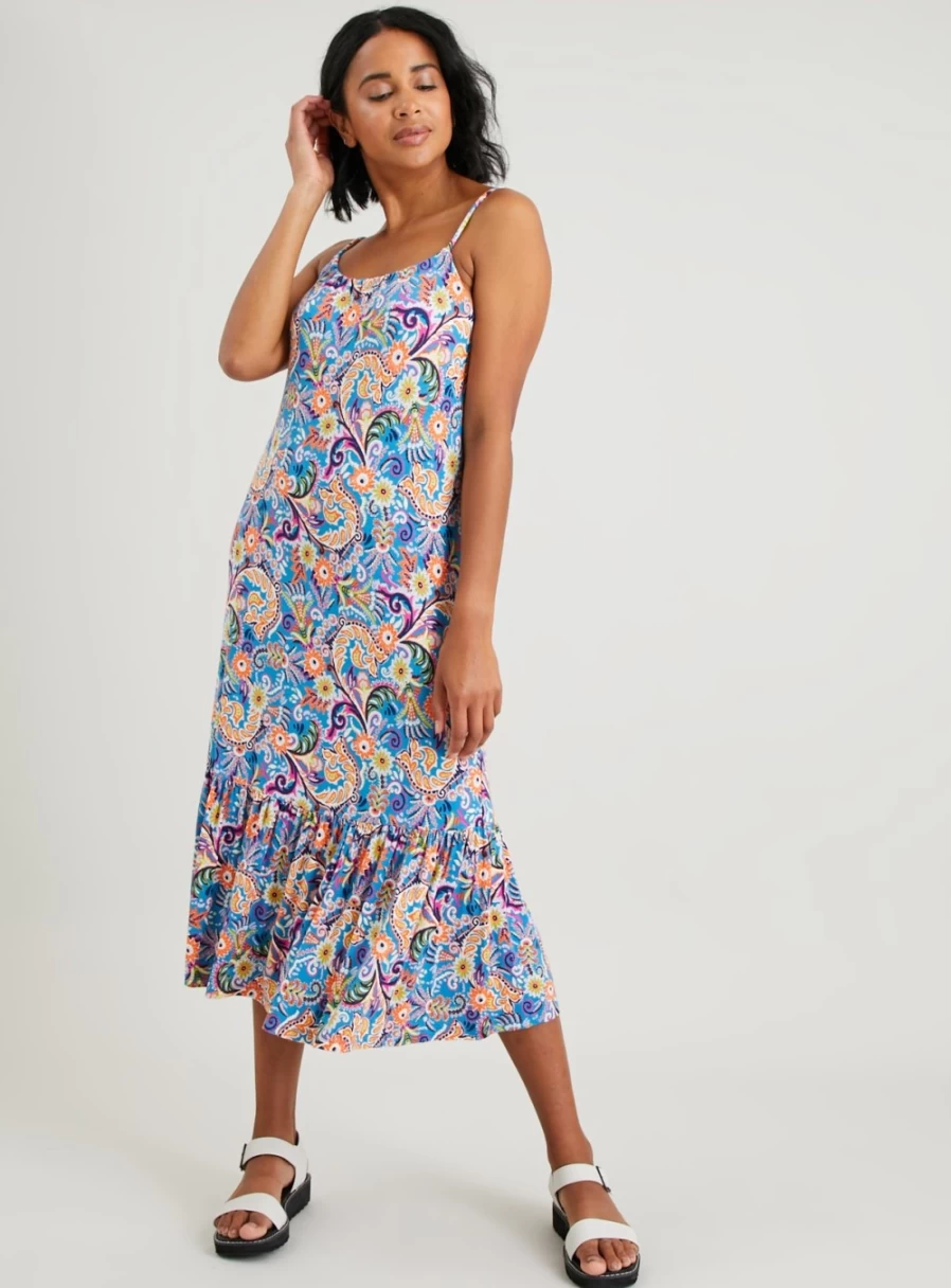 Tu Women's Blue Paisley Print Tiered Midi Dress - Floral Bohemian Summer Casual Dress Size 8
