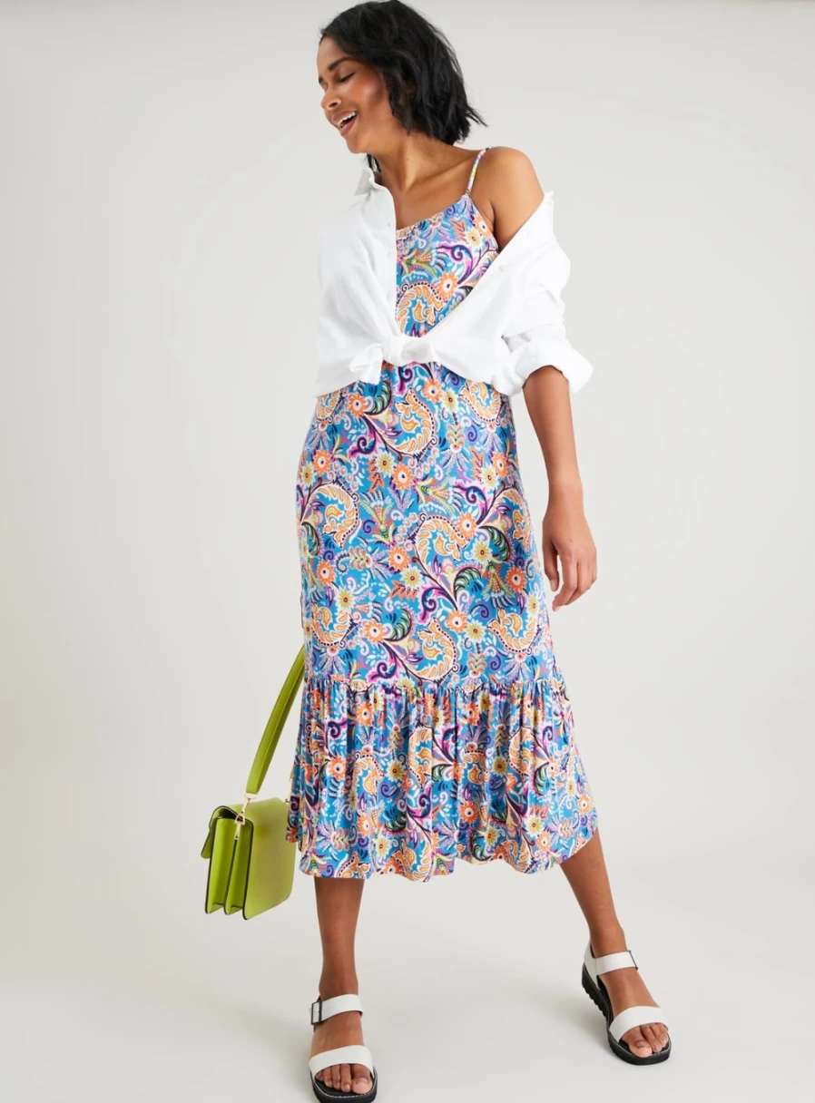 Tu Women's Blue Paisley Print Tiered Midi Dress - Floral Bohemian Summer Casual Dress Size 8