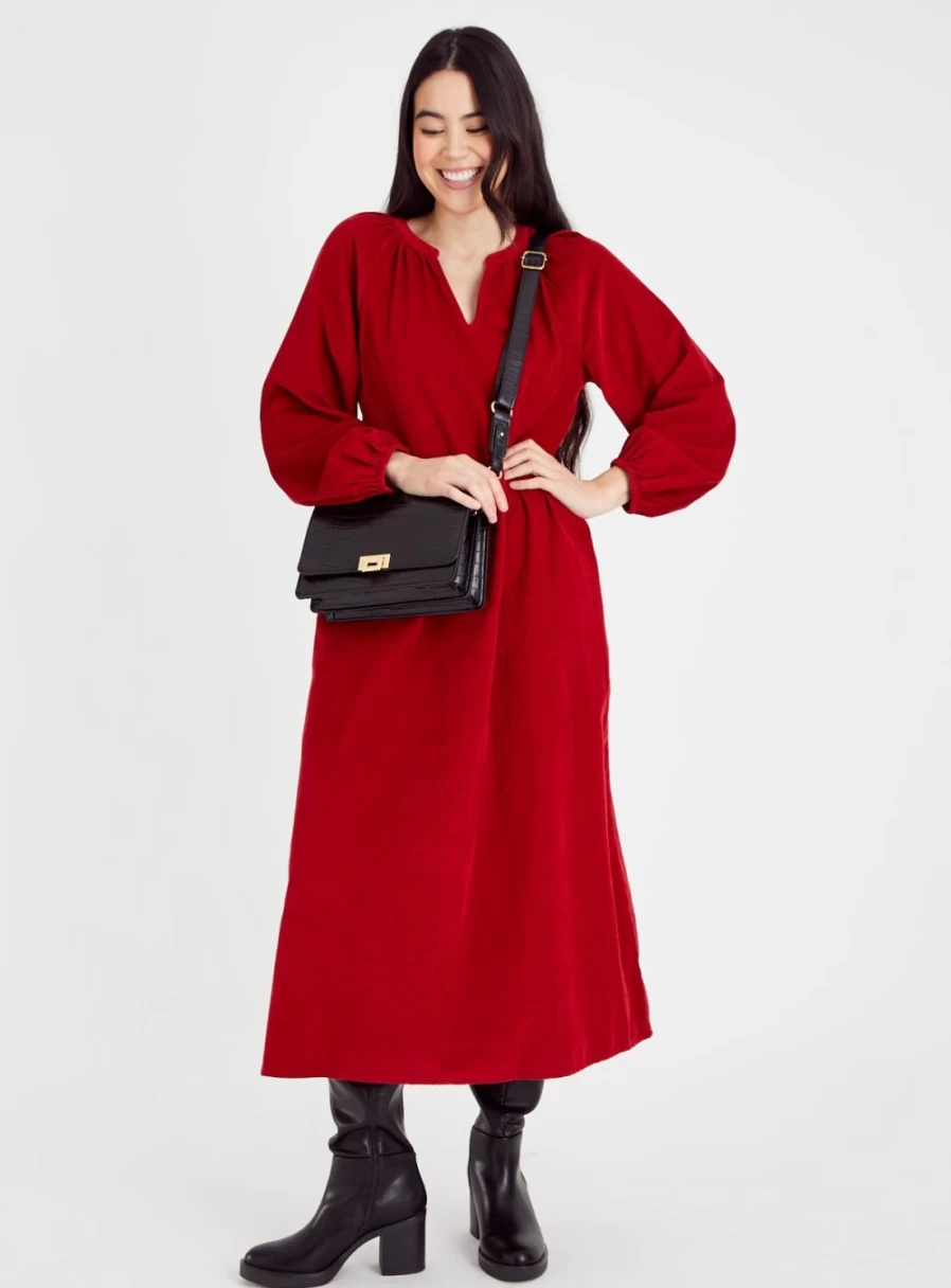 Tu Women's Red Corduroy Midi Dress - Size 18, Vintage Style Stretch Fit Comfortable A-Line Skirt