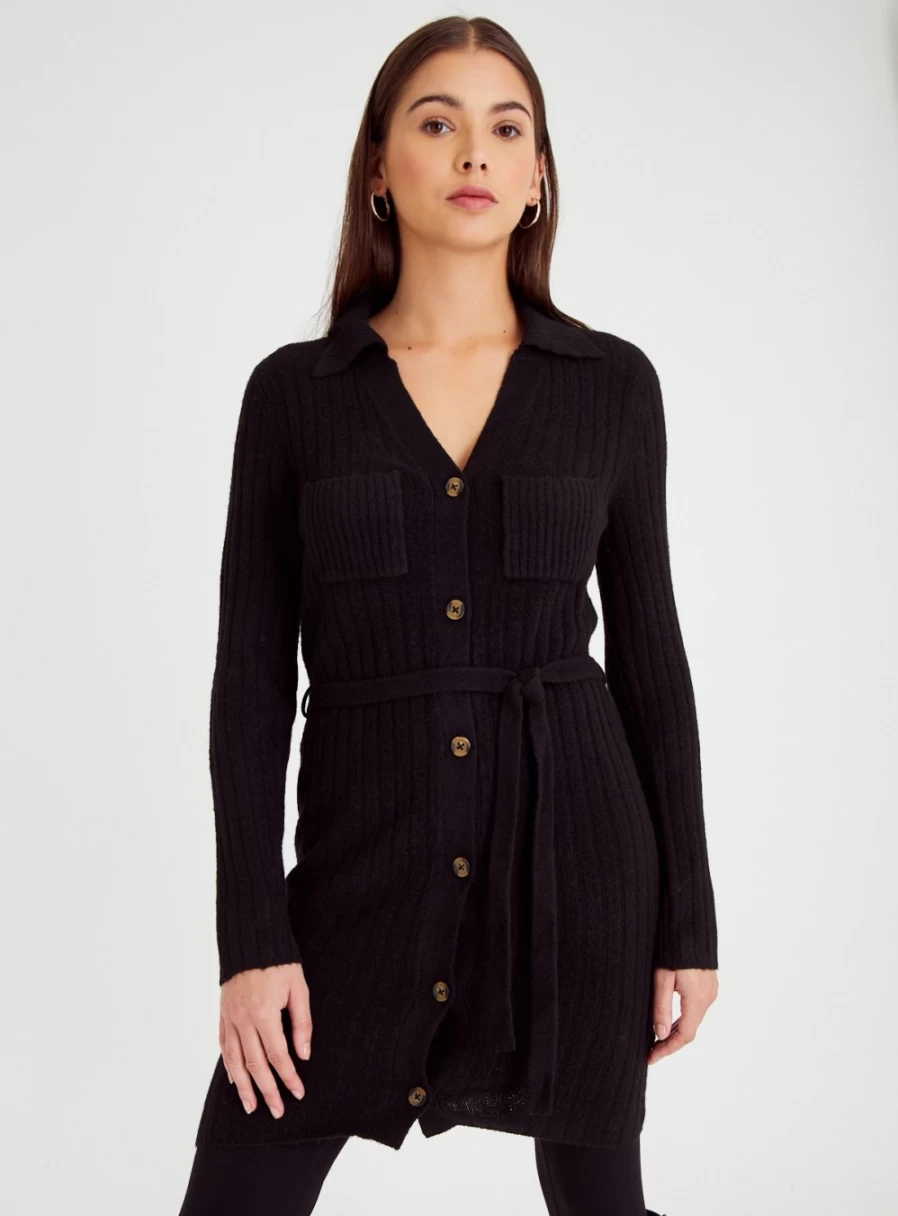 Tu Women's Black Longline Collared Cardigan - Elegant Long Sleeve Open Front Knit Sweater Coat