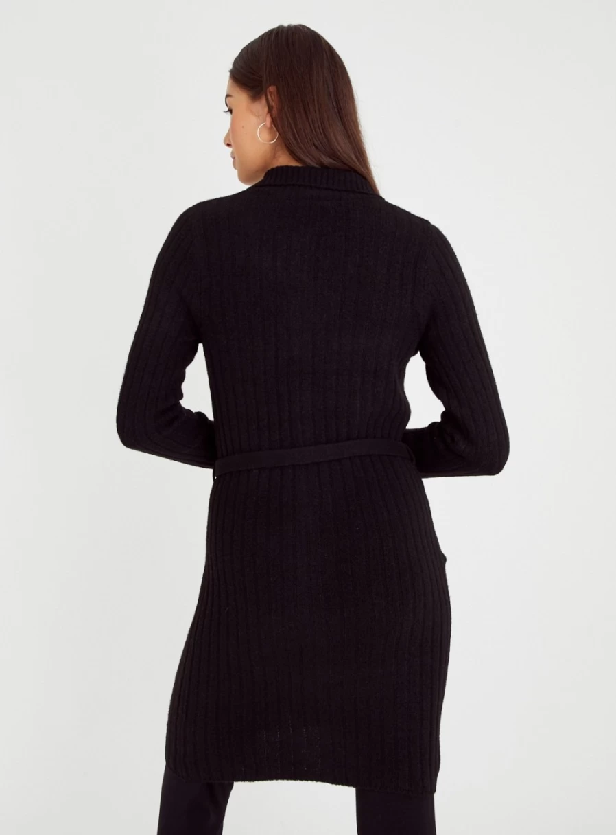 Tu Women's Black Longline Collared Cardigan - Elegant Long Sleeve Open Front Knit Sweater Coat