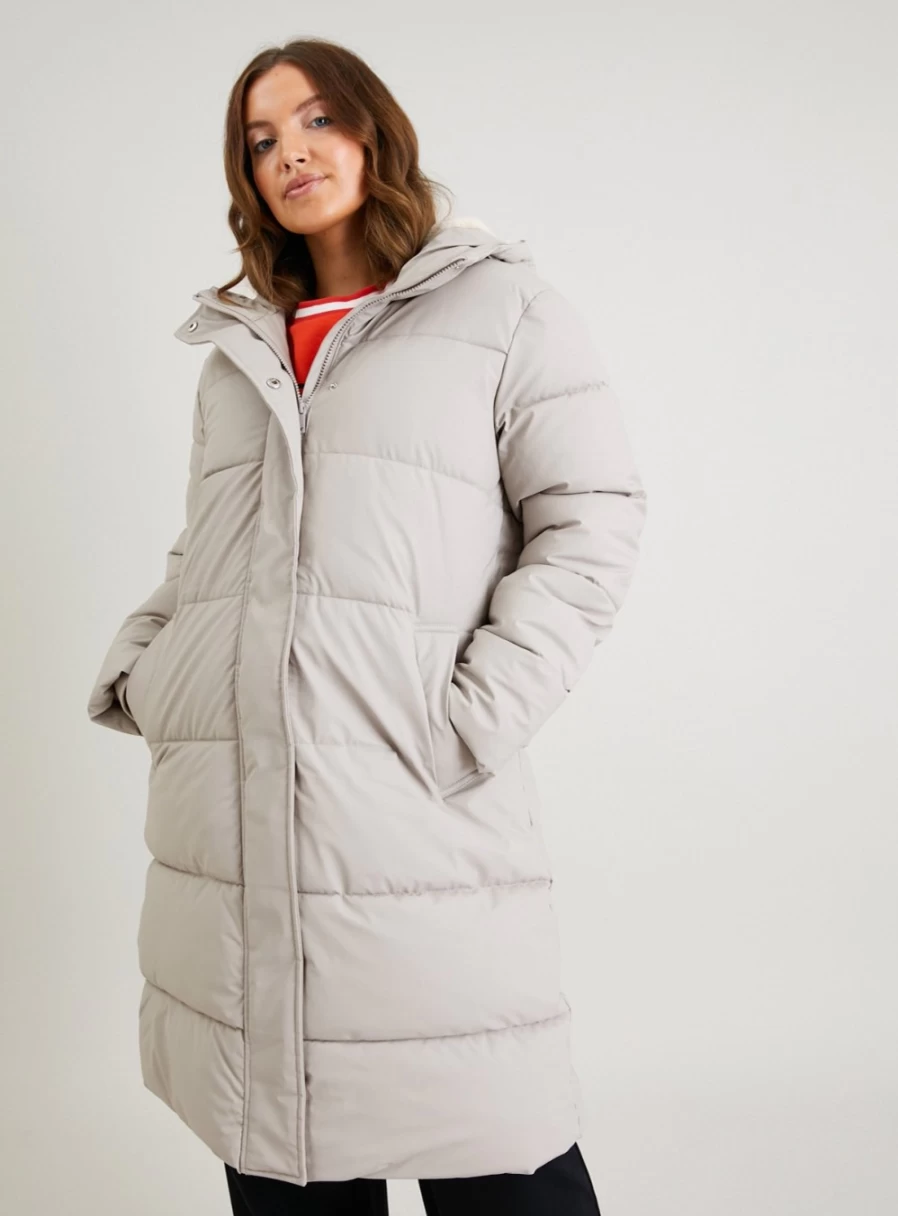 "Tu Women's Pale Grey Rubber Padded Coat with Comfortable Padding for Style and Warmth"