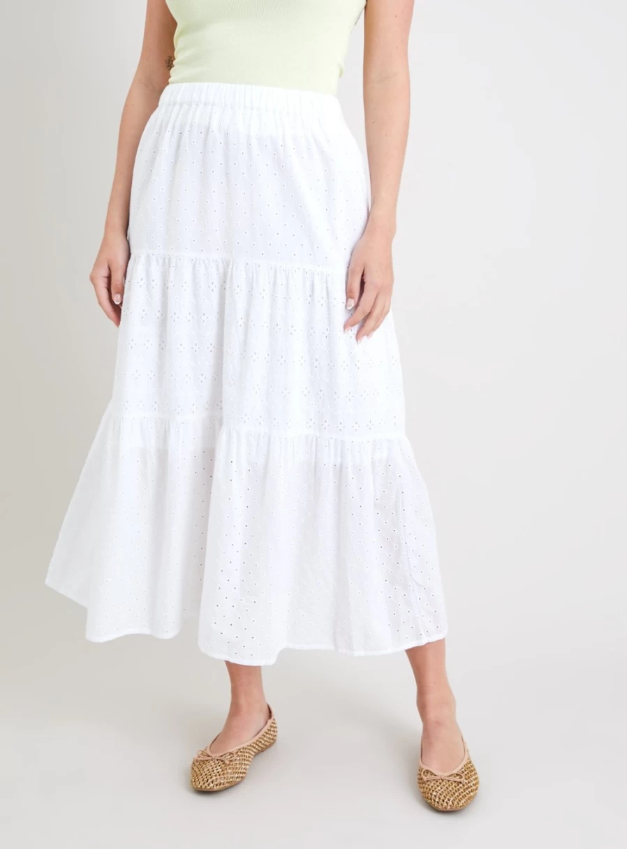 Tu Women's White Broderie Tiered Skirt - Size 16 | Floral Embroidered Layered Midi Skirt