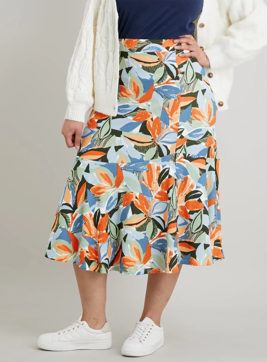 Tu Women's Abstract Leaf Print Crinkle Midi Skirt - Stylish Floral Design, Comfortable Stretch Fabric, Versatile Casual Dress