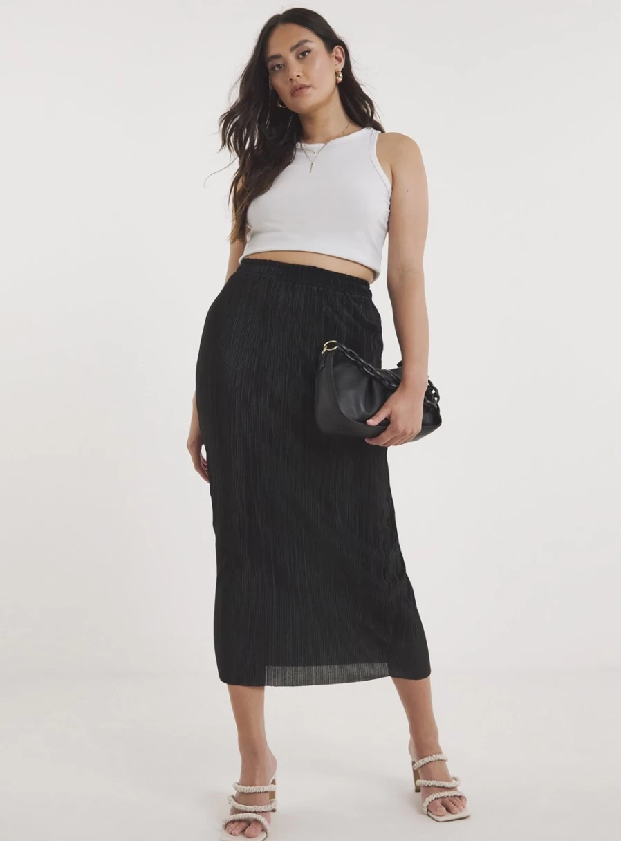 Simply Be Women's Black Plisse Midaxi Tube Skirt - Size 14, Stretchy Comfort Fit