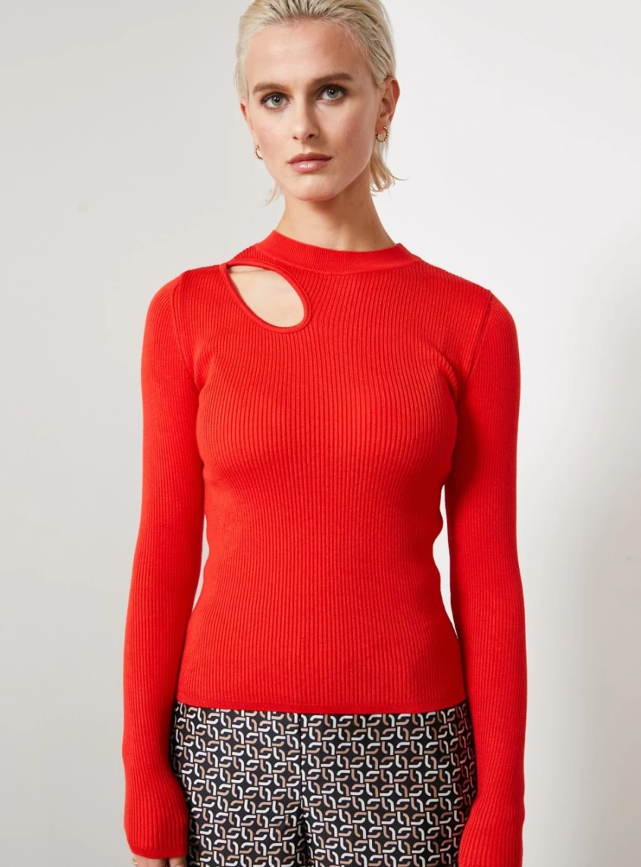 "For All The Love Women's Red Asymmetric Cut Out Rib Knit Jumper Sweater"