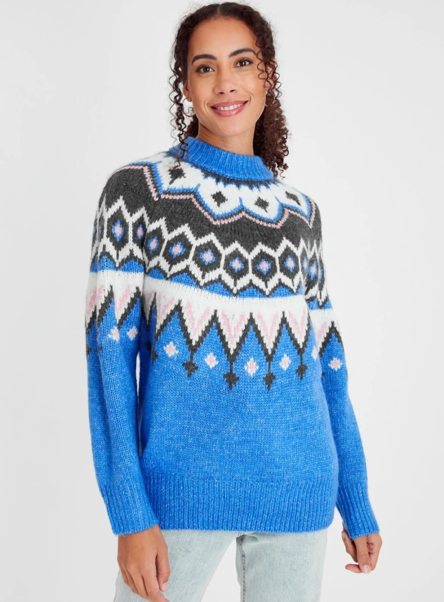 Tu Women's Blue Fair Isle Longline Knit Jumper - Cozy Winter Sweater Size 12