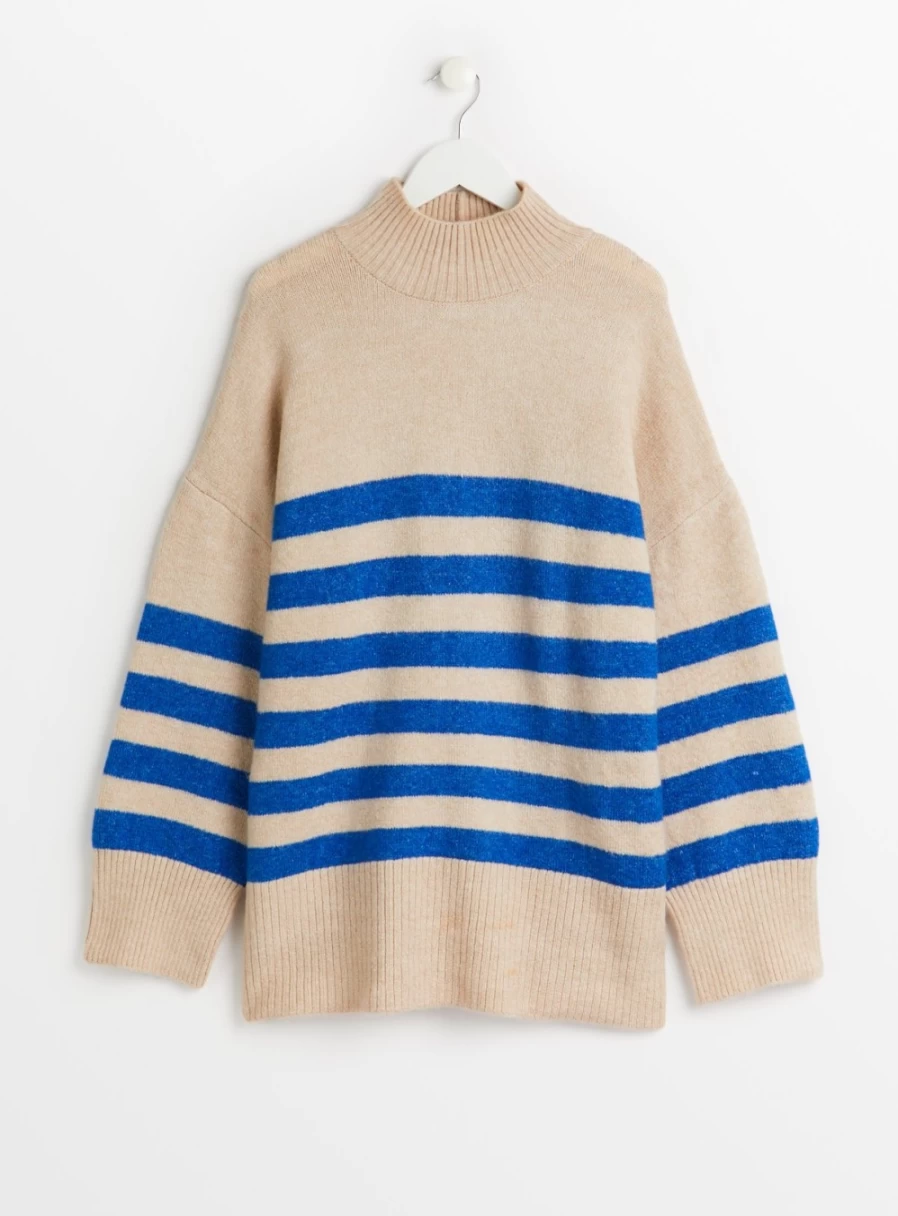 Tu Women's Oatmeal & Blue Striped High Neck Knit Jumper - Cozy Winter Sweater