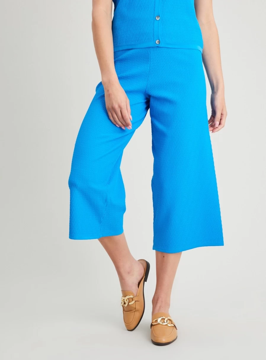 Tu Women's Blue Textured Knit Wide Leg Trousers - High Waist Comfort Fit Casual Pants