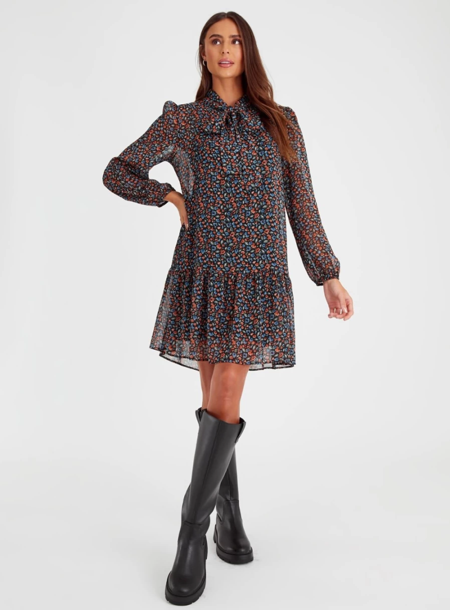 Tu Women's Floral Pussy Bow Shirt Dress - Vintage Ditsy Print Casual Elegant Style 8