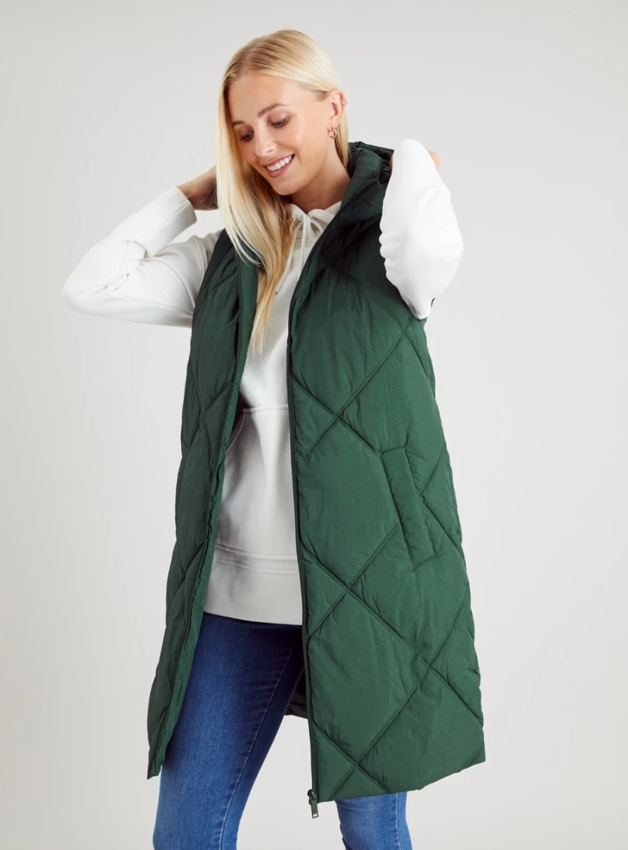 Tu Women's Green Diamond Quilted Longline Gilet Vest - Size 26