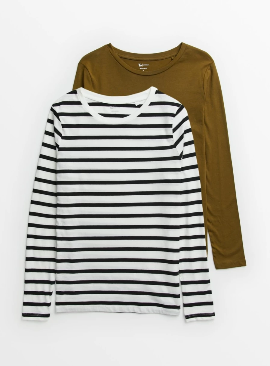 "Tu Women's 2-Pack Khaki & Striped Tops - Casual Short Sleeve Shirts"