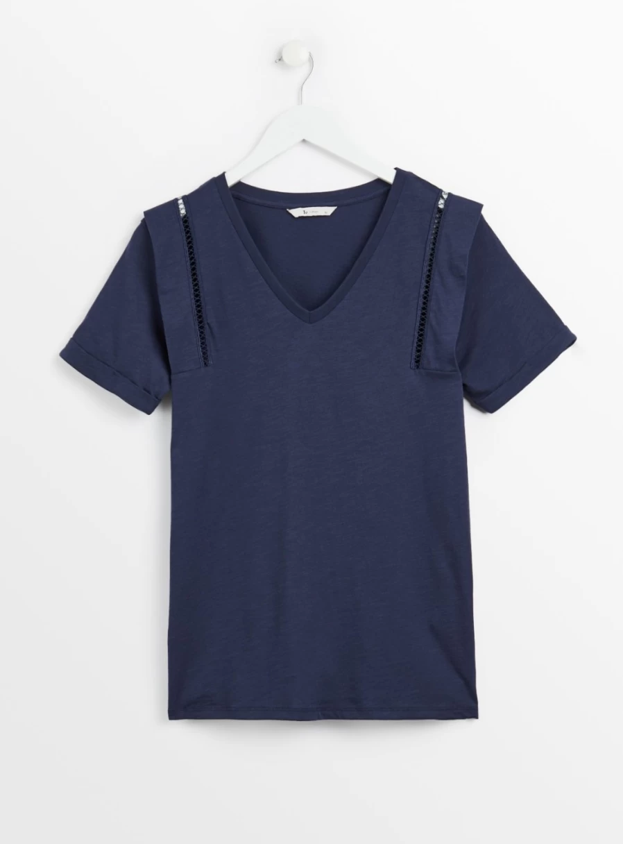 Tu Women's Black V-Neck Lace Openwork Casual T-Shirt - Stylish Breathable Summer Top
