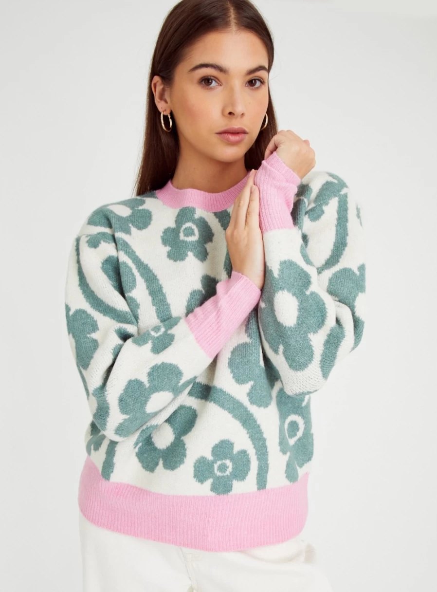 Tu Women's Green Floral Jacquard Knit Jumper - Elegant Crewneck Sweater Size 12
