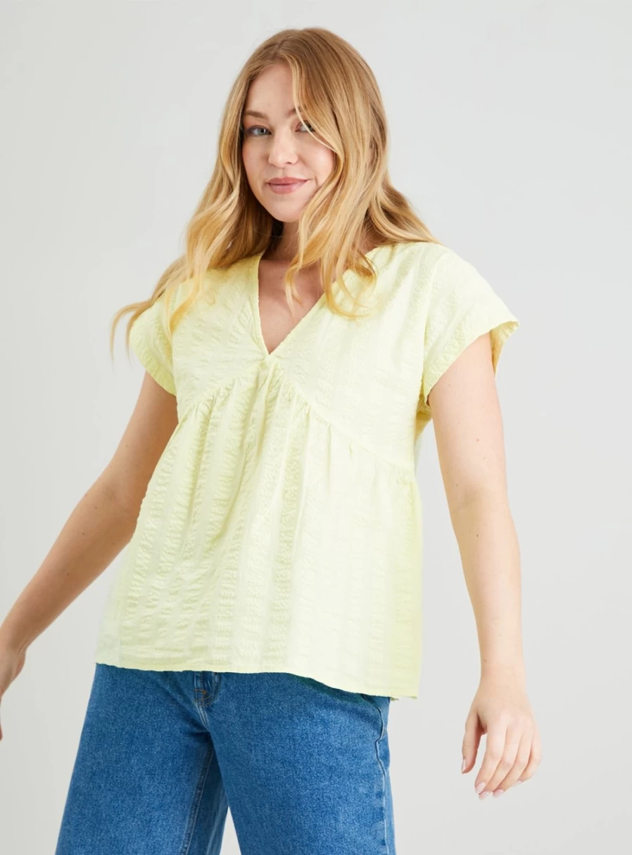"Tu Women's Yellow Textured Stripe Boxy Fit Blouse - Casual Loose Top"