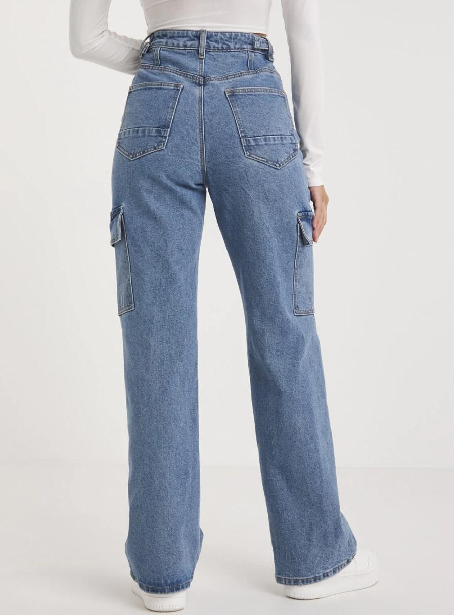Simply Be Women's High Rise Straight Leg Blue Cargo Jeans - Size 20